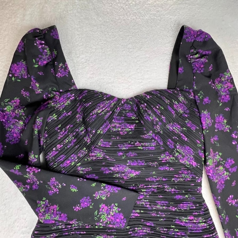 Floral Long Sleeve Mini Dress Sweetheart Neck Black Purple Romantic Size 4 AMUR - Picture 5 of 11